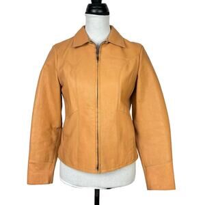 GAP Womens Vintage Y2K Light Camel Tan Genuine Leather Zip Up Biker Jacket